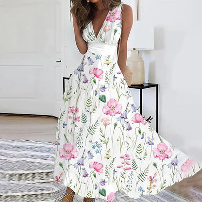 Damen Maxikleid – Luftiger Schnitt – Ärmellos – V-Ausschnitt – Blumenmuster