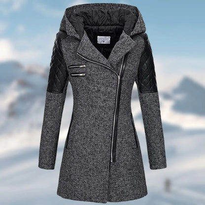 Damen Mantel – Taillierte Passform – Wollmix – Asymmetrischer Reißverschluss – Kapuze