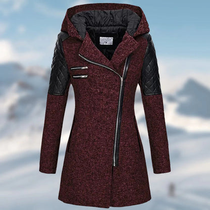 Damen Mantel – Taillierte Passform – Wollmix – Asymmetrischer Reißverschluss – Kapuze