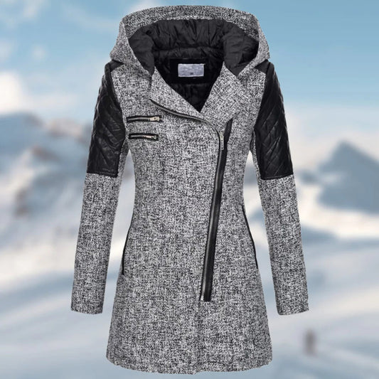 Damen Mantel – Taillierte Passform – Wollmix – Asymmetrischer Reißverschluss – Kapuze