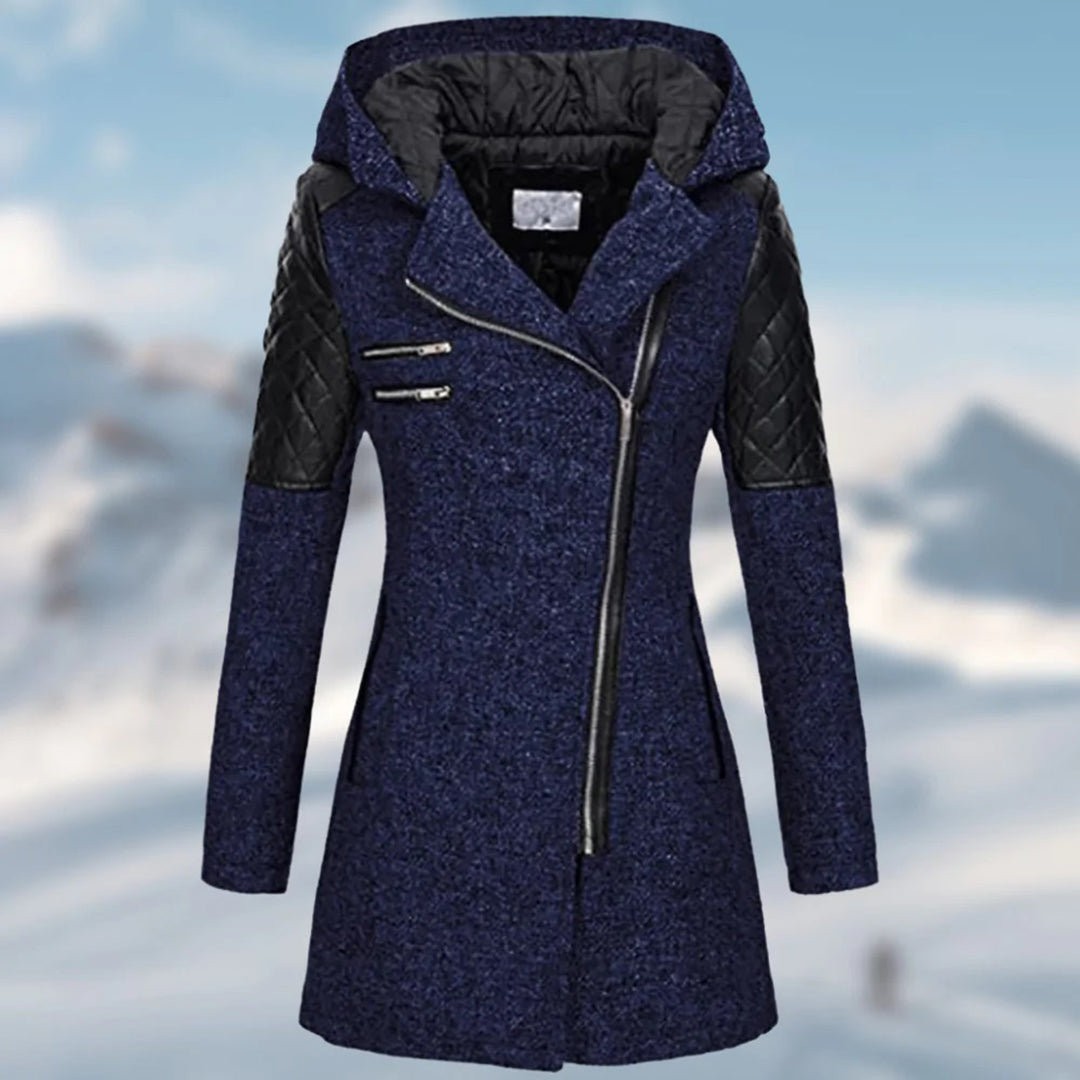 Damen Mantel – Taillierte Passform – Wollmix – Asymmetrischer Reißverschluss – Kapuze