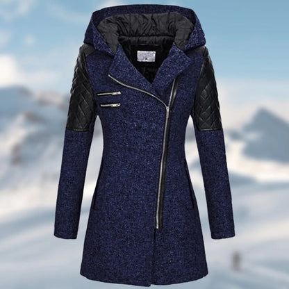 Damen Mantel – Taillierte Passform – Wollmix – Asymmetrischer Reißverschluss – Kapuze