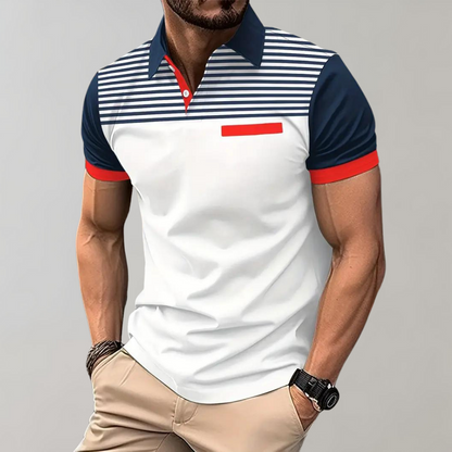 Herren Poloshirt – Slim Fit – Atmungsaktives Gewebe – Gestreifte Brust – Kontrastkragen