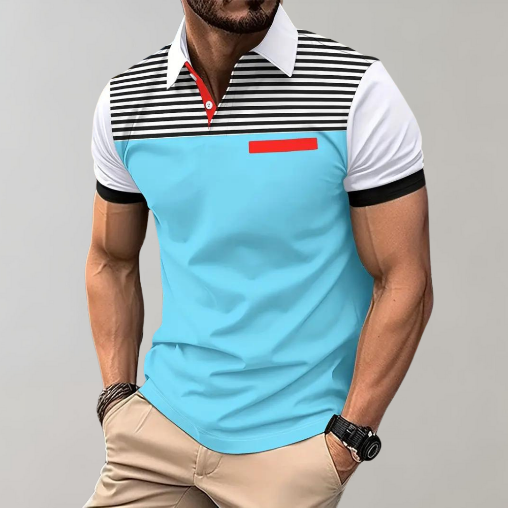 Herren Poloshirt – Slim Fit – Atmungsaktives Gewebe – Gestreifte Brust – Kontrastkragen