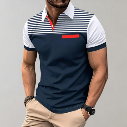 Herren Poloshirt – Slim Fit – Atmungsaktives Gewebe – Gestreifte Brust – Kontrastkragen