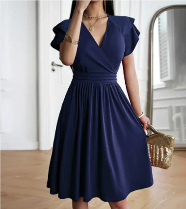 Damen Midi Kleid – Wickeloberteil mit V-Ausschnitt – Flatterärmel – A-Linienform