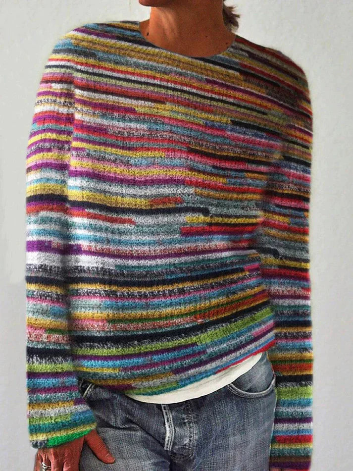 Damen Pullover – Wollstrick – Lockerer Schnitt – Rundhals – Gestreift – Langarm