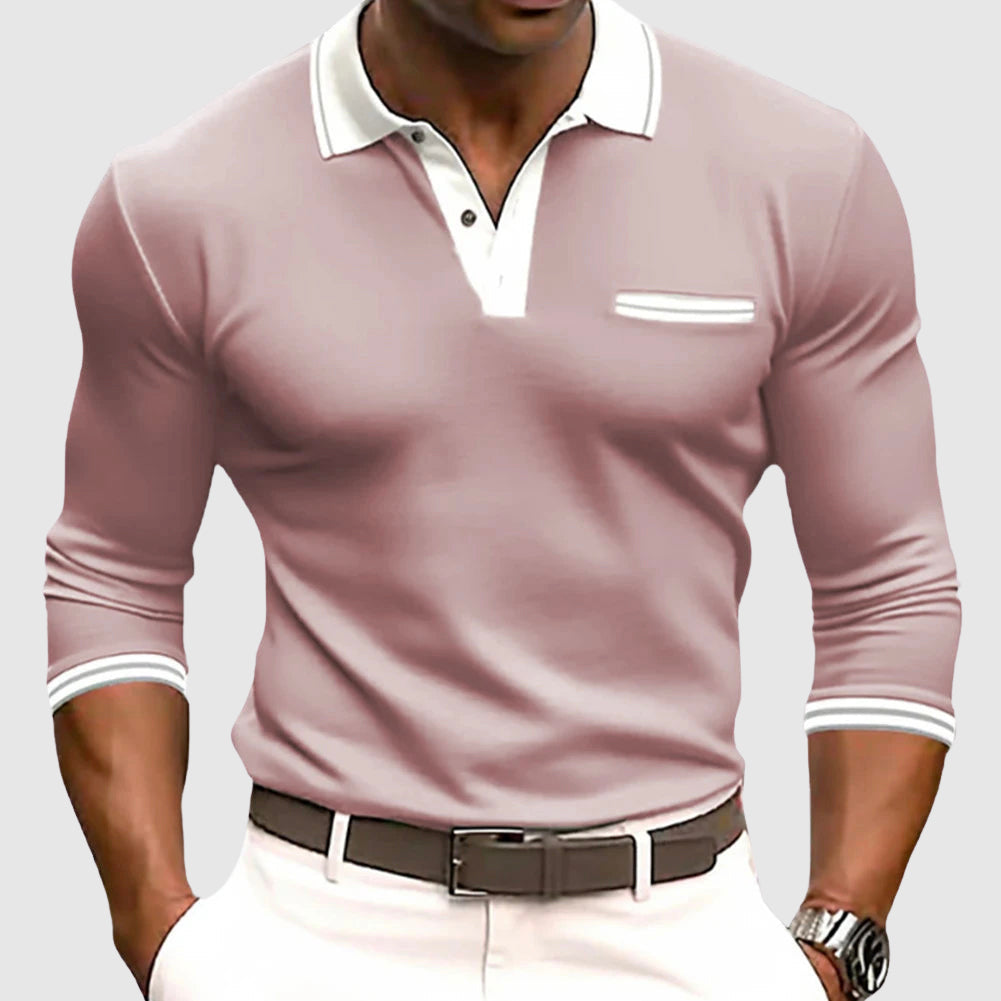 Herren Langarmhemd – Slim Fit – Polo Kragen – Atmungsaktives Gewebe – Brusttasche