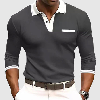 Herren Langarmhemd – Slim Fit – Polo Kragen – Atmungsaktives Gewebe – Brusttasche