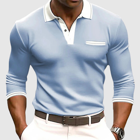 Herren Langarmhemd – Slim Fit – Polo Kragen – Atmungsaktives Gewebe – Brusttasche