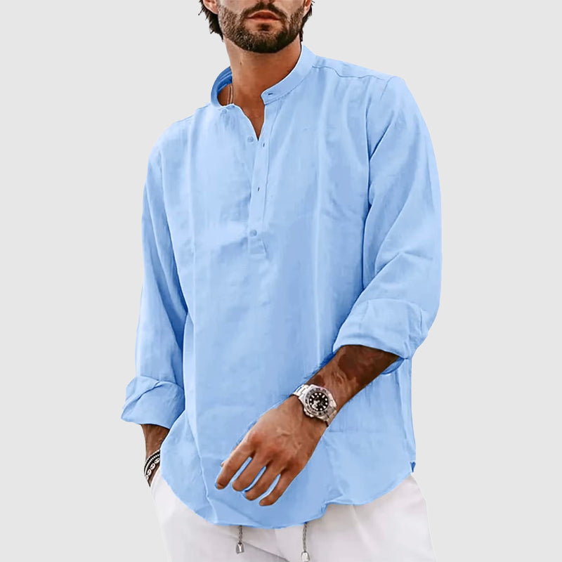Herren Henley Shirt – Relaxed Fit – Atmungsaktive Naturfaser – Langarm – Stehkragen