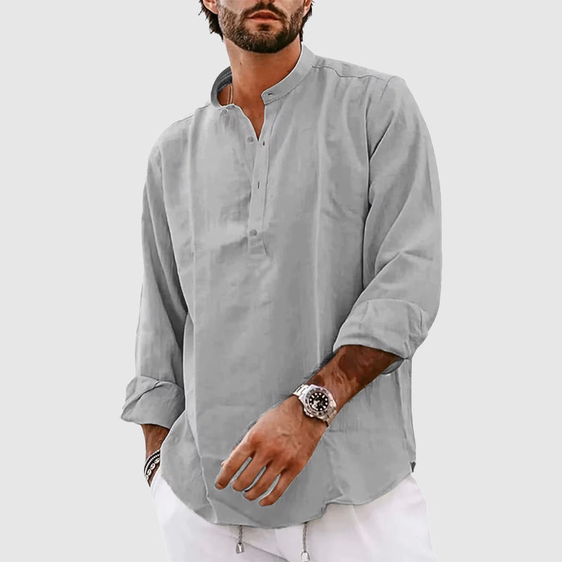 Herren Henley Shirt – Relaxed Fit – Atmungsaktive Naturfaser – Langarm – Stehkragen