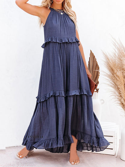 Damen Maxikleid – Lockere Passform – Ärmellos mit Neckholder – Natürliche Fasern