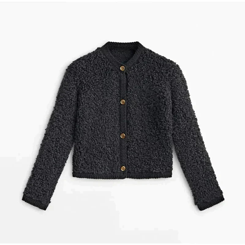 Damen Jacke – Oversized Schnitt – Flauschiges Teddy-Gewebe – Kragenlos mit Knöpfen