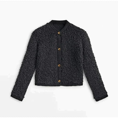 Damen Jacke – Oversized Schnitt – Flauschiges Teddy-Gewebe – Kragenlos mit Knöpfen