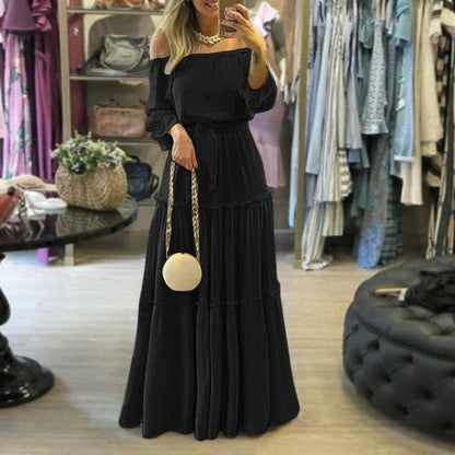 Damen Maxikleid – Off Shoulder – Lockerer Schnitt – Stufenrock – Atmungsaktives Material