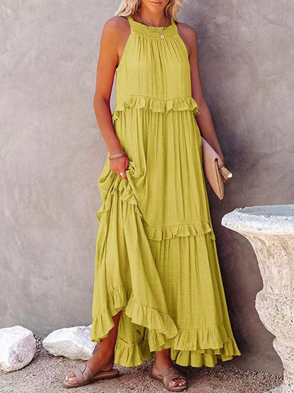 Damen Maxikleid – Lockere Passform – Ärmellos mit Neckholder – Natürliche Fasern