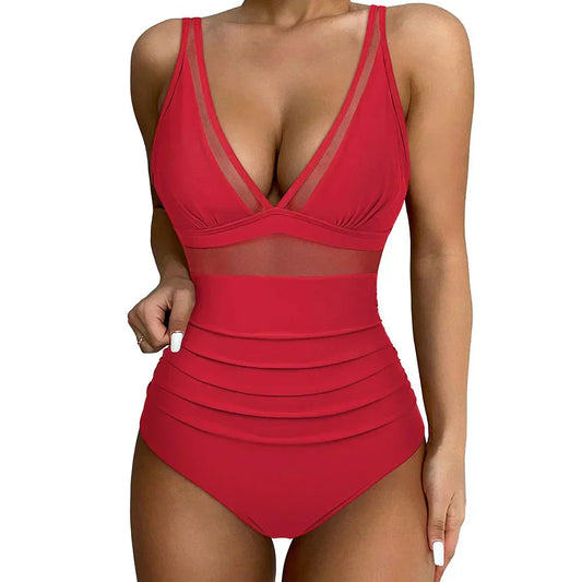 Damen Badeanzug – Figurformend – Mesh-Einsätze – Hoher Beinausschnitt – Breite Träger