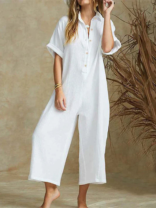 Damen Jumpsuit – Lockere Passform – Baumwollmix – Kurzarm – Knopfleiste – Cropped