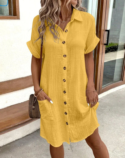Damen Mini Kleid – Naturfasern – Lockere Passform – V-Ausschnitt – 3/4 Ärmel – Knopfleiste – Seitentaschen