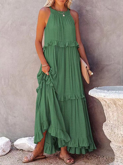 Damen Maxikleid – Lockere Passform – Ärmellos mit Neckholder – Natürliche Fasern