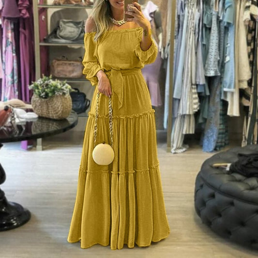 Damen Maxikleid – Off Shoulder – Lockerer Schnitt – Stufenrock – Atmungsaktives Material