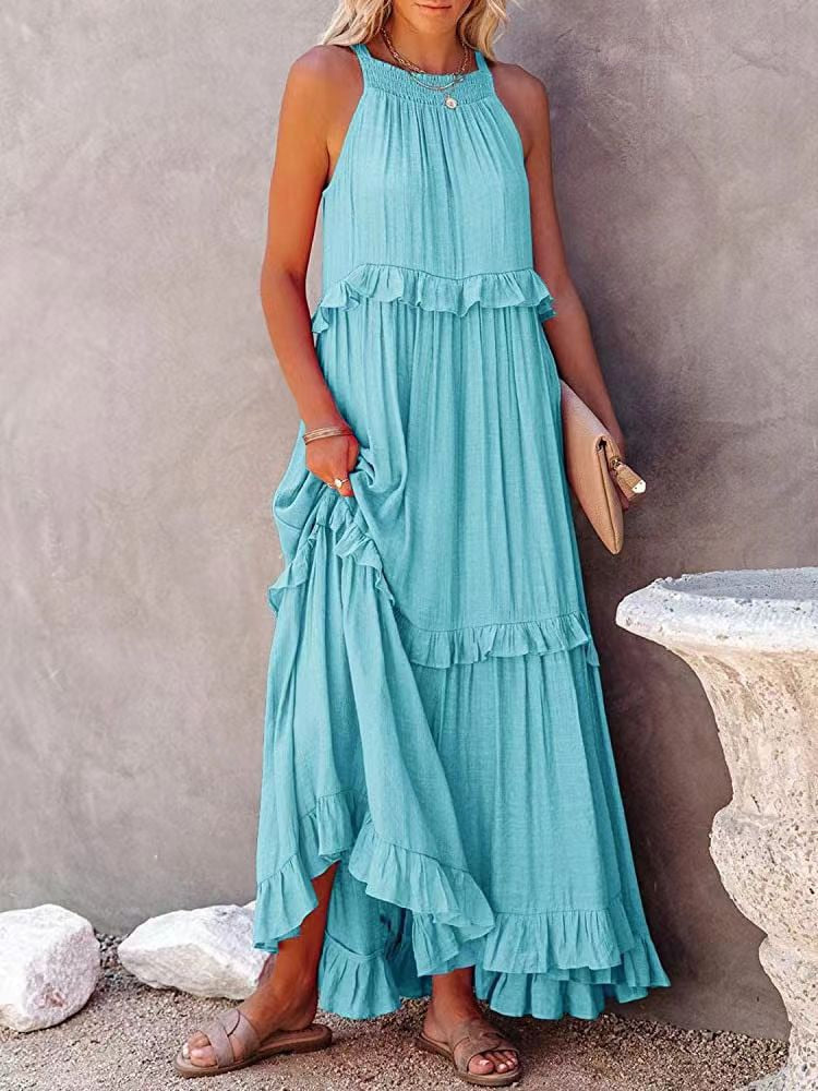 Damen Maxikleid – Lockere Passform – Ärmellos mit Neckholder – Natürliche Fasern