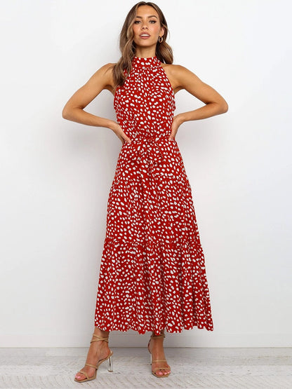 Damen Midikleid – Halter Ausschnitt – Punktemuster – Taillengürtel – Fließend
