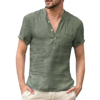 Herren T-Shirt – Relaxed Fit – Kurzarm – Knopfleiste – Brusttasche – Naturfaser