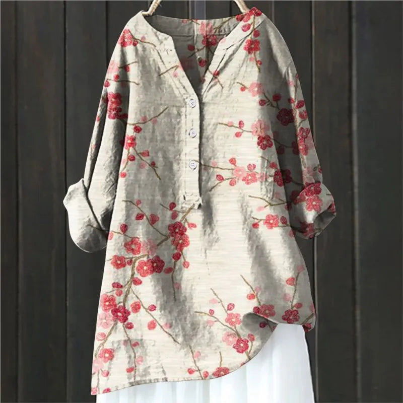 Damen Bluse – Lockerer Schnitt – Halbknopfleiste – Florales Muster – Atmungsaktive Mischung