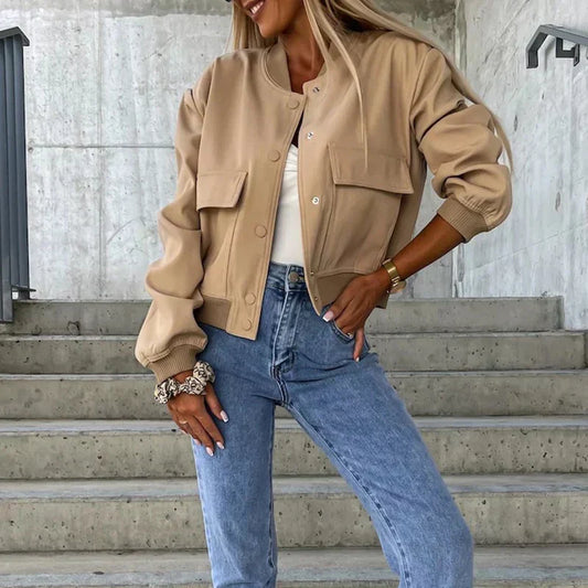 Damen Freizeitjacke – Relaxed Fit – Natürliche Fasern – Knopfverschluss – Brusttaschen