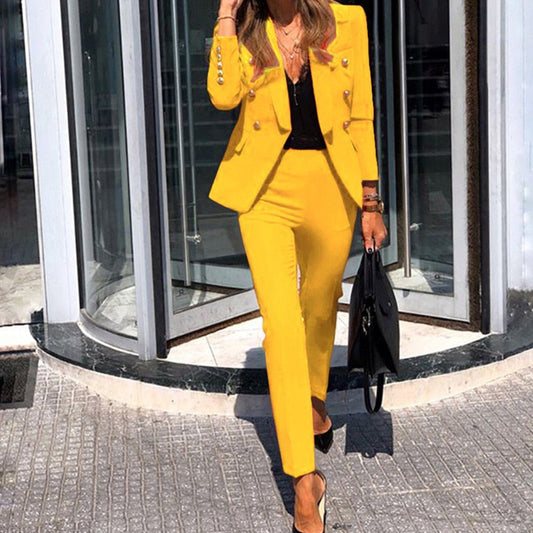 Damen Anzugset – Taillierter Schnitt – Doppelreihiger Blazer – High-Waist Hose