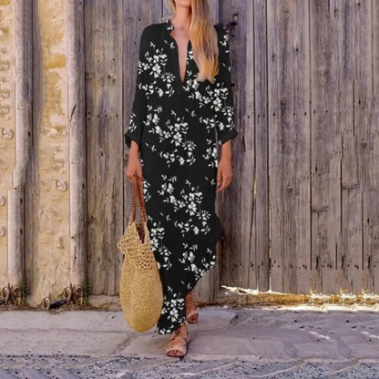 Damen Maxikleid – Lockere Passform – V-Ausschnitt – Langarm – Florales Design