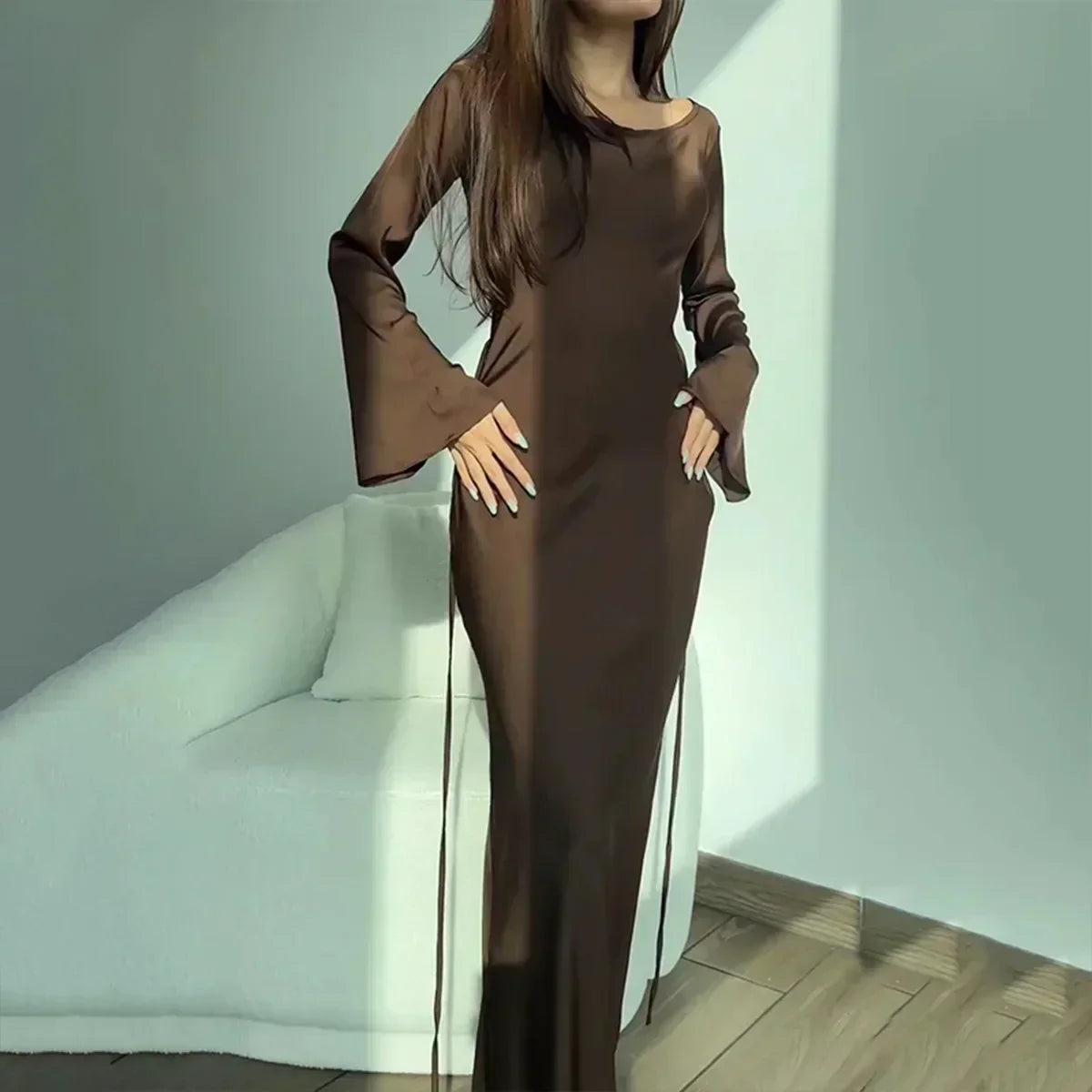 Damen Bodycon Kleid – Luxusstoff – Figurbetont – Langarm – Bodenlang Elegant