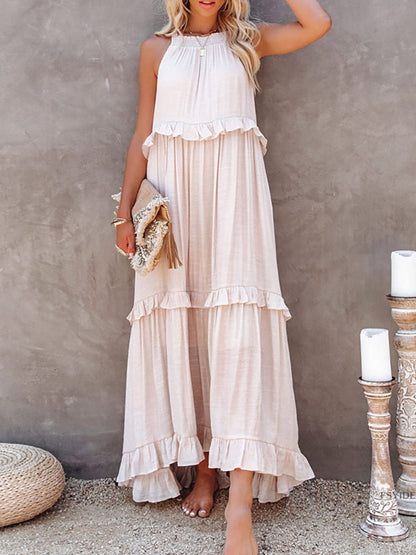 Damen Maxikleid – Lockere Passform – Ärmellos mit Neckholder – Natürliche Fasern