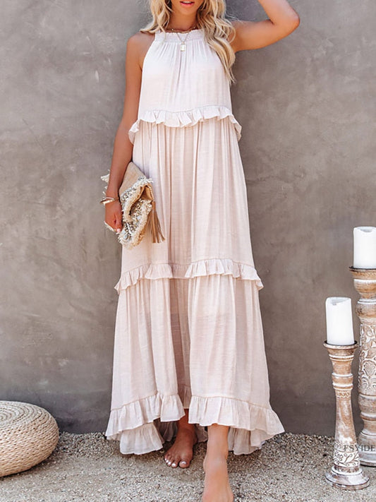 Damen Maxikleid – Lockere Passform – Ärmellos mit Neckholder – Natürliche Fasern