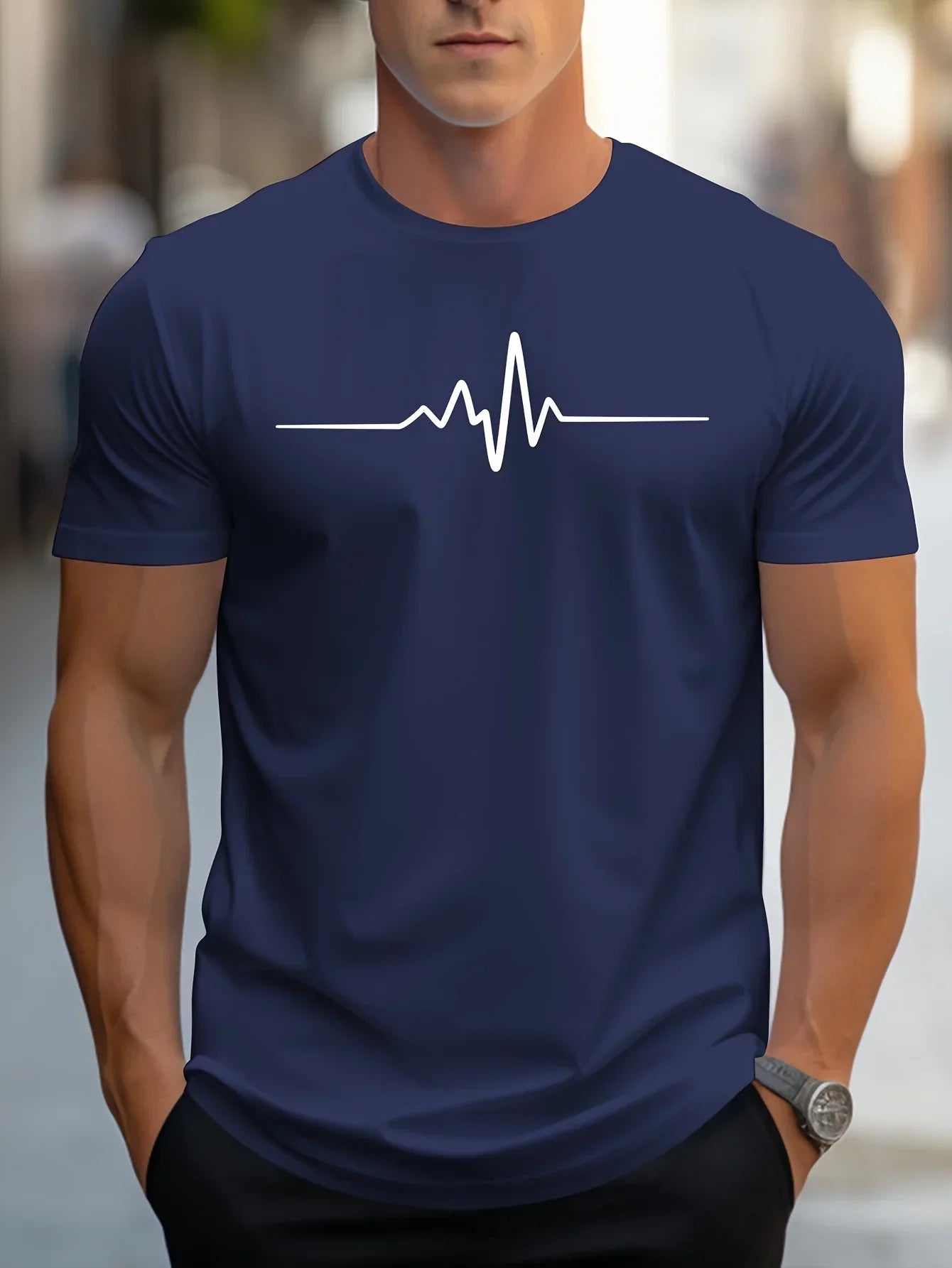 Herren T-Shirt – Slim Fit – Soft Knit – Rundhals – Kurzarm – Herzschlag Grafik
