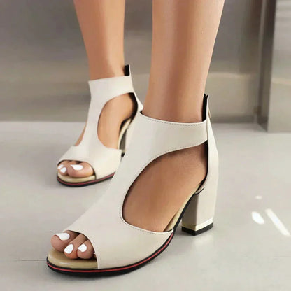 Damen Sandaletten mit Blockabsatz – Offene Spitze – Knöchelriemen – Cut-Out Design