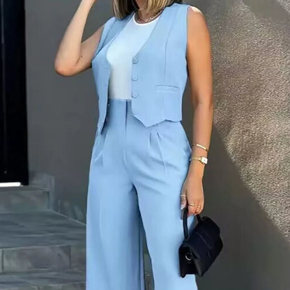 Damen Anzug Set – Taillierte Weste ohne Ärmel – Weit geschnittene High Waist Hose – Luxusstoff