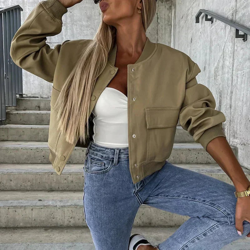 Damen Freizeitjacke – Relaxed Fit – Natürliche Fasern – Knopfverschluss – Brusttaschen