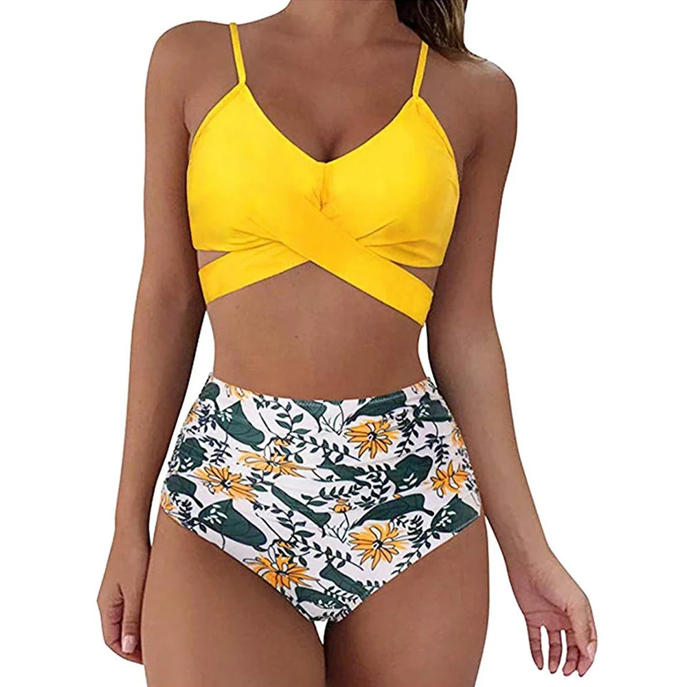 Damen Bikini Set – Slim Fit Crisscross Top – High Waist Ruched Slip – Stretch Komfort