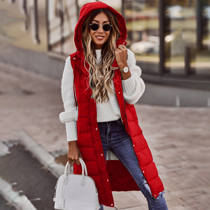 Damen Bodywarmer – Oversized Fit – Gesteppt Gefüttert – Lange Kapuze Freizeit