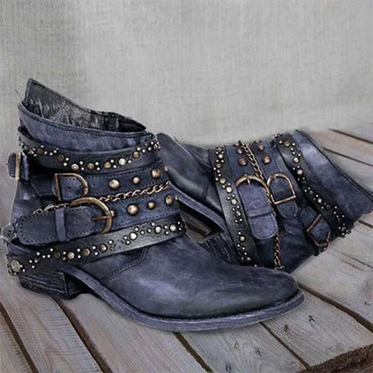 Damen Stiefeletten – Lederoptik – Nietenriemen – Schnallen – Niedriger Absatz