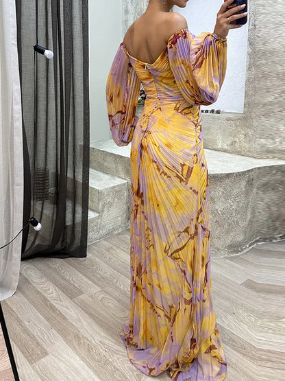 Damen Abendkleid – Off Shoulder – V-Ausschnitt – Ballonärmel – Eleganter Faltenwurf