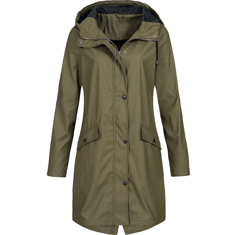 Damen Regenjacke – Wasserabweisend – Lockerer Schnitt – Kapuze – Mittellang