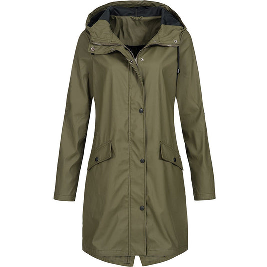 Damen Regenjacke – Wasserabweisend – Lockerer Schnitt – Kapuze – Mittellang