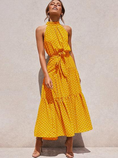 Damen Midikleid – Halter Ausschnitt – Punktemuster – Taillengürtel – Fließend