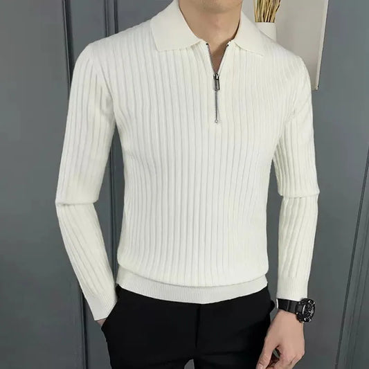 Herren Pullover – Wollmix – Regular Fit – Halbzip – Rippenstruktur – Polokragen