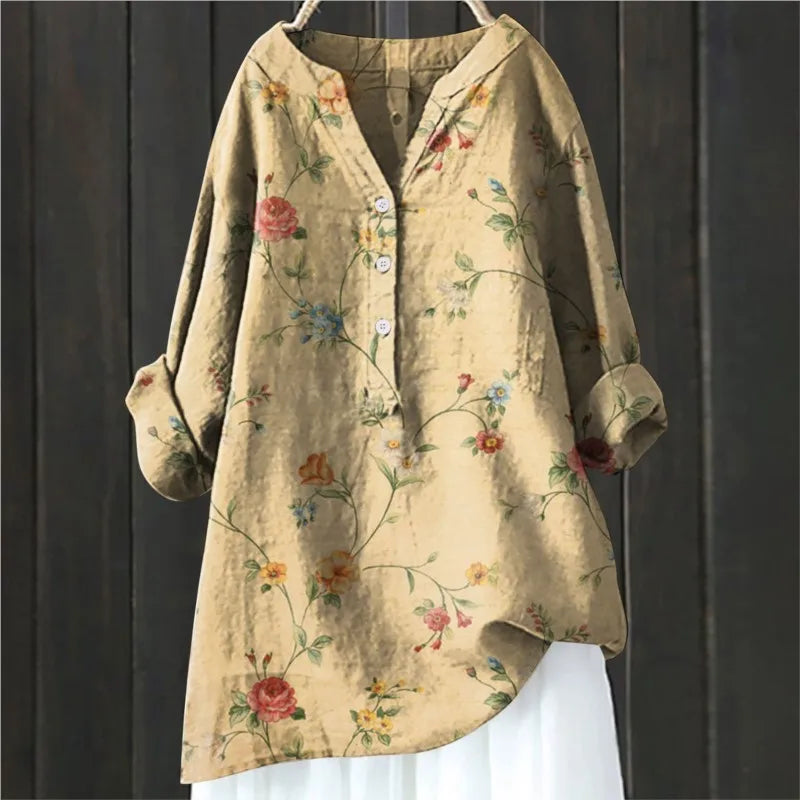 Damen Bluse – Lockerer Schnitt – Halbknopfleiste – Florales Muster – Atmungsaktive Mischung