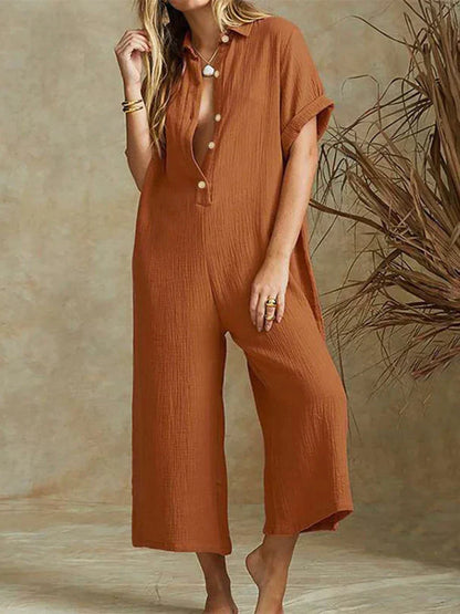 Damen Jumpsuit – Lockere Passform – Baumwollmix – Kurzarm – Knopfleiste – Cropped